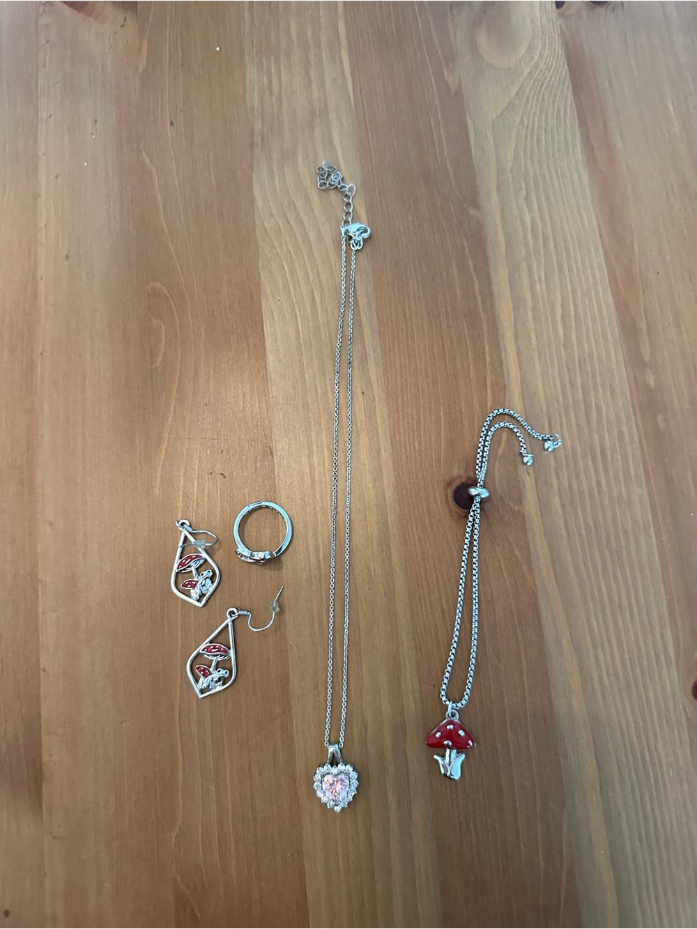 Set Of Mushroom Ring Erring Bracelet And Heart Necklace